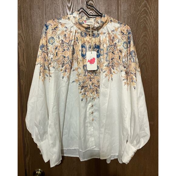 L'ATISTE by Amy Button 1X Mandarin Collar Satin Printed Dress Blouse Brand New - Picture 15 of 16